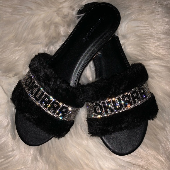 Women’s “OKURRR” Black Furry Rhinestone Sandals - Picture 3 of 3